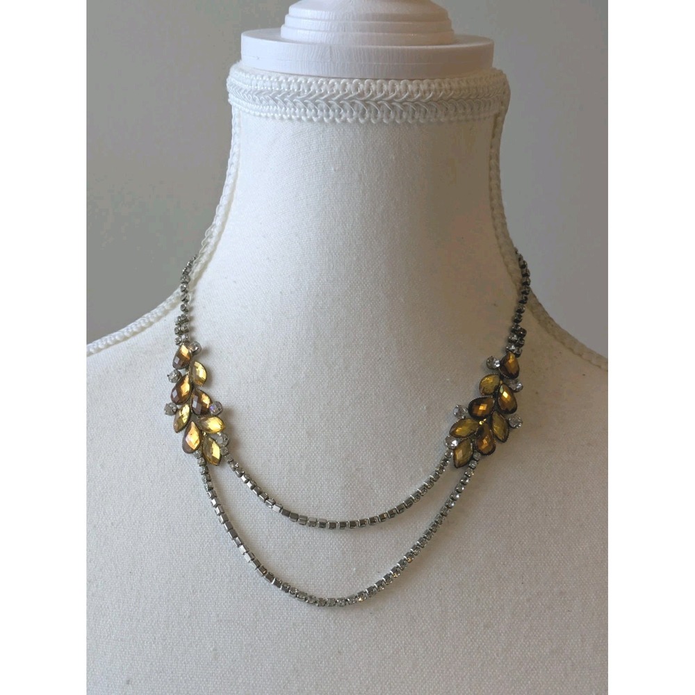 Multi Strand Rhinestone Necklace Honey Yellow Beading Romantic Party Silver Tone